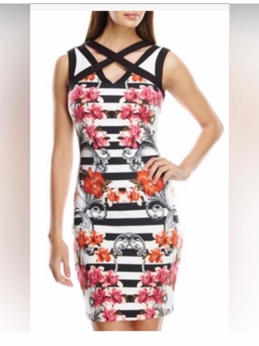 Jax Black & White Striped Mini Dress with Pink & Orange Floral
